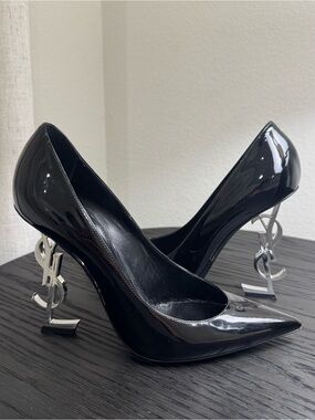 Saint Laurent YSL Opyum 110 Logo Heel Pump Patent Black/Silver 39